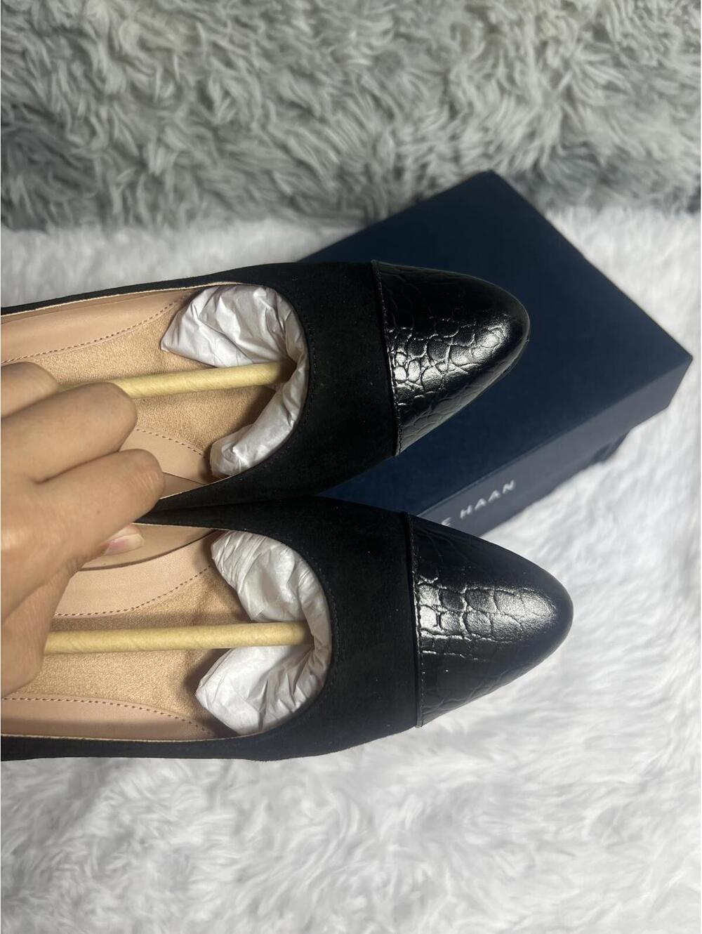 Cole Haan Black Low Block Heel Pumps with Croc-Embossed Toe - Picture 9 of 9